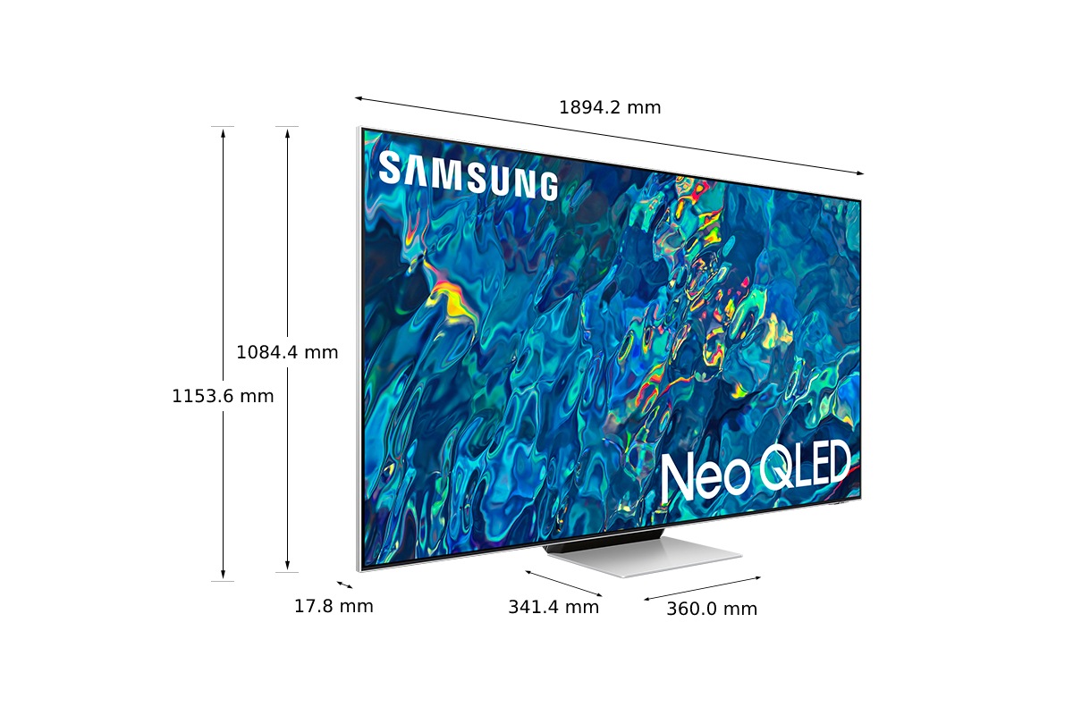 Dimenzije 205 cm Samsung QLED TV QN95B s srebrnim osrednjim stojalom