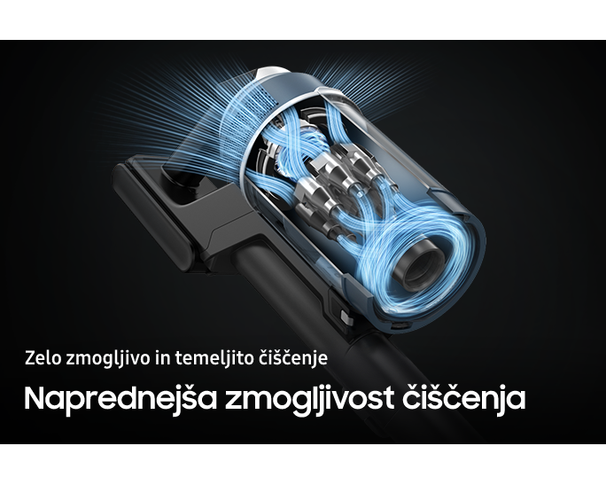 Ilustracija notranjosti sesalnika Bespoke JET prikazuje njegov digitalni inverterski motor s poudarkom na naprednejši zmogljivosti čiščenja. Modri snopi prikazujejo zelo zmogljivo sesalno moč in pretok zraka, kar omogoča temeljito čiščenje.