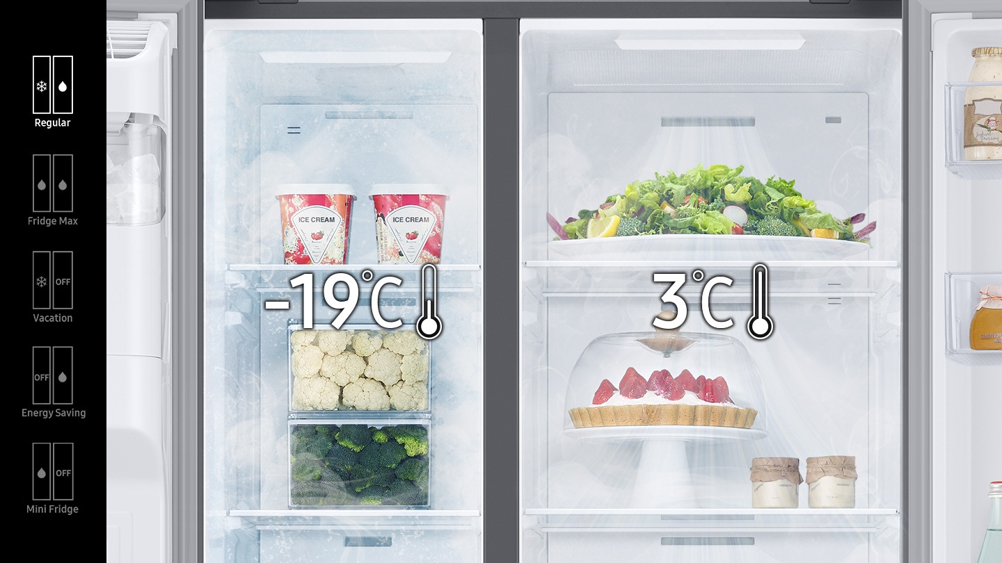 Regular(-19 in freezer, 3 in fridge), Fridge Max(both 3 in freezer and fridge), Vacation(-19 in freezer, fridge off), Energy Saving(freezer off, 3 in fridge), and Mini Fridge(3 in freezer, off fridge) modes are available with the buttons inside the RS8000NC.
