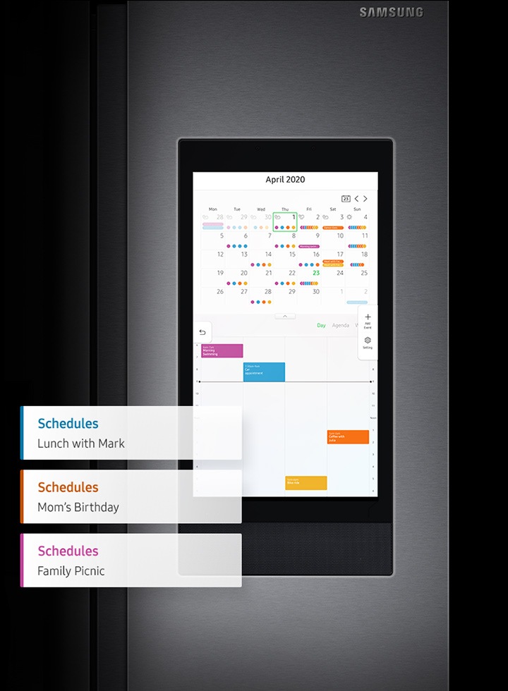 The calendar app shows family schedules on the Family Hub screen.