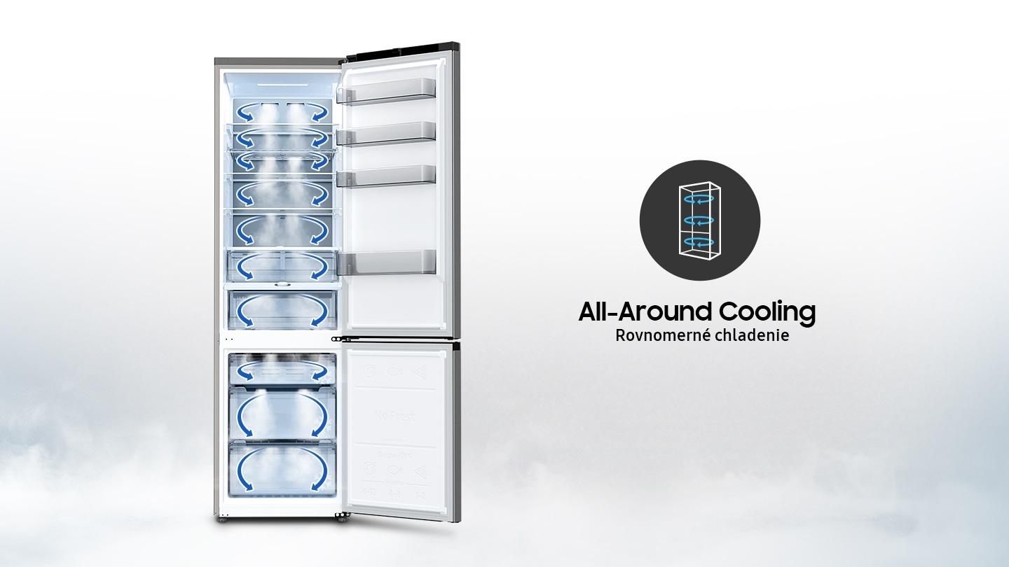 The door of the RB7300 is open to reveal the interior, and the arrows indicate the spread of cool air throughout. Along with the All-Around Cooling icon, it is written "Even Cooling Everywhere".