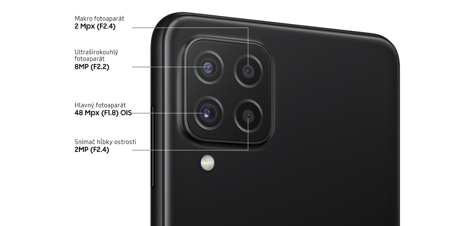 Zadný detail štyroch pokročilých fotoaparátov na telefóne v čiernej farbe, ktorý zobrazuje 48Mpx (f/1,8) a hlavný fotoaparát s OIS, 8Mpx (f/2,2) ultraširokouhlý fotoaparát, 2Mpx (f/2,4) Depth fotoaparát a 2Mpx (f/2,4) makrofotoaparát. 