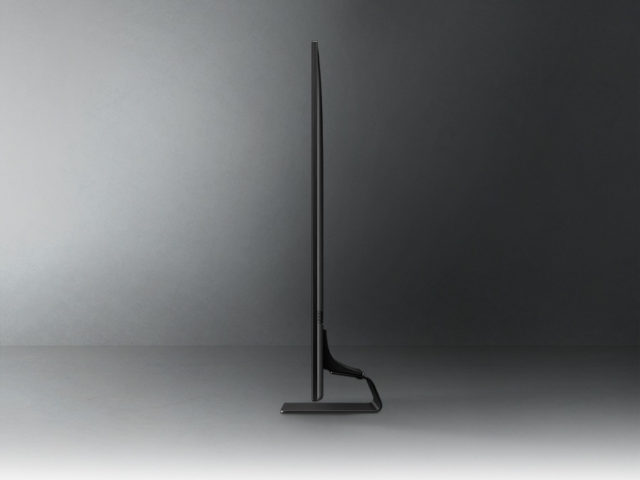 A side view of a QLED TV is on display exhibiting its ultra thin feature.
