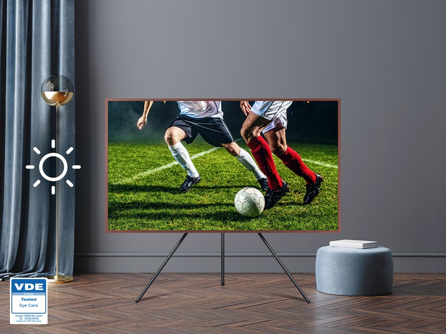 The left side of a room is with a sun icon and the screen of The Frame is also bright. The right side of a room is with a moon icon and the screen of The Frame is also dim. It's been tested by VDE Germany and Tested for Eye Care.