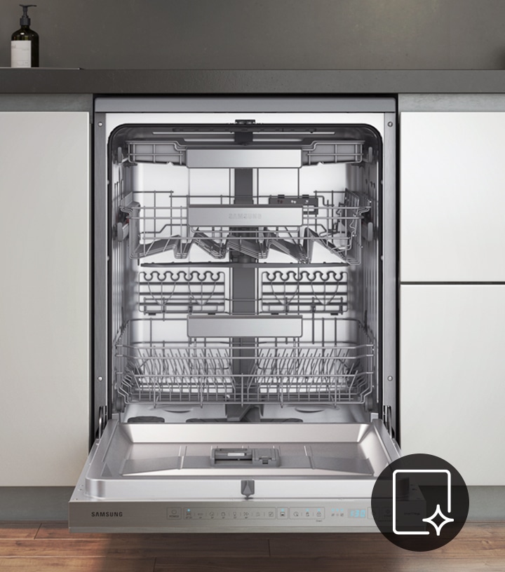 Shows the sparkling clean interior of the dishwasher after using the Self Clean function.