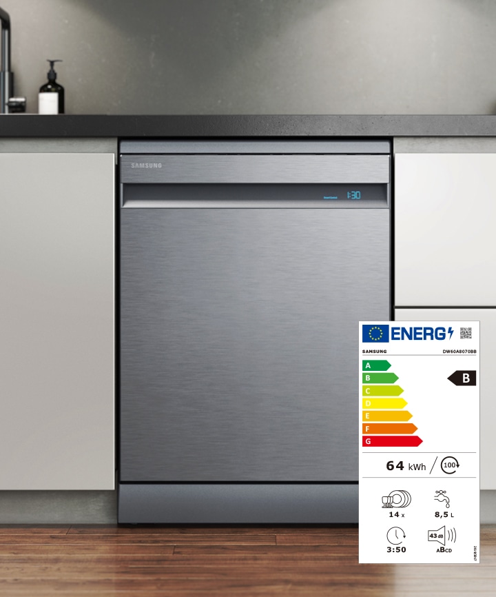 Shows the dishwasher's energy label, with its B rating and key Eco data - 64 kWh, 14x settings, 8.5L, 3:50 run time and 43dB.