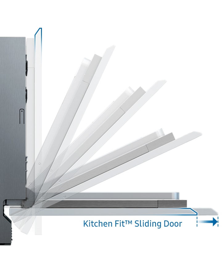 Shows how the Kitchen Fit™ Sliding Door's cover slides upwards when the door is opened, so it does not hit the plinth below.