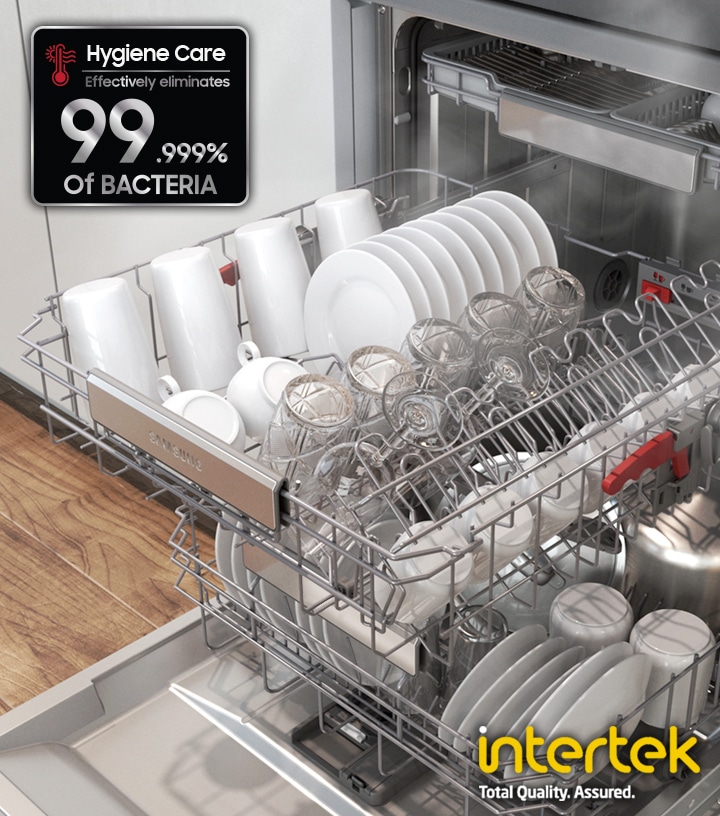 Shows a dishwasher full of plates, cups and glasses that have been rinsed at 70˚C to kill off 99.999% of bacteria.