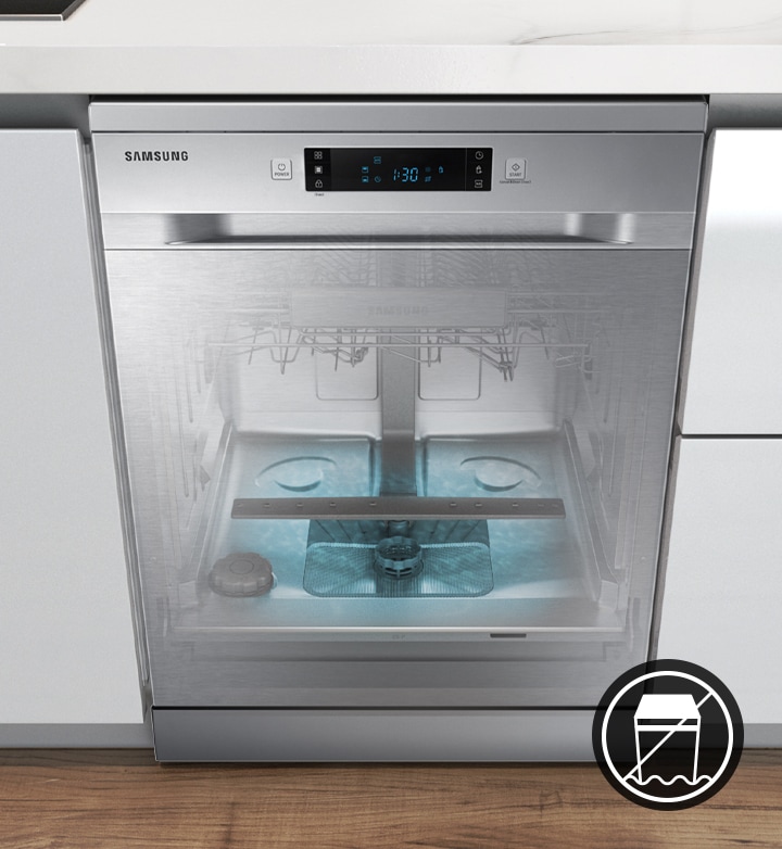 A mosogatógép belsejében lévő vízelvezető rendszert mutatja be, hogy szemléltesse, hogyan véd az Aqua Stop a szivárgások ellen.