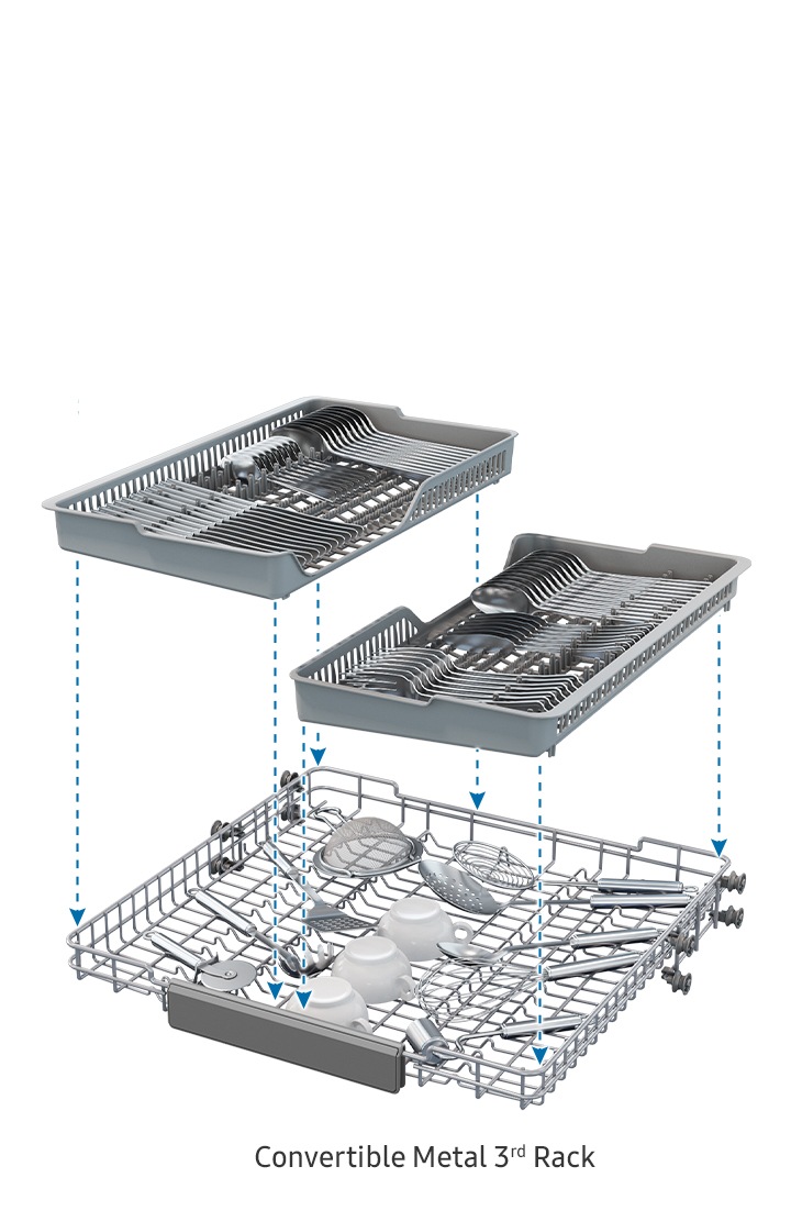 Shows a 3rd Rack holding kitchenware and utensils, with two detachable trays for cutlery.