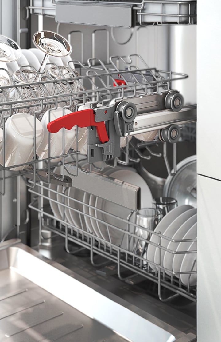 Shows a rack full of dishes, which can be pulled out easily using the Soft Railing system.