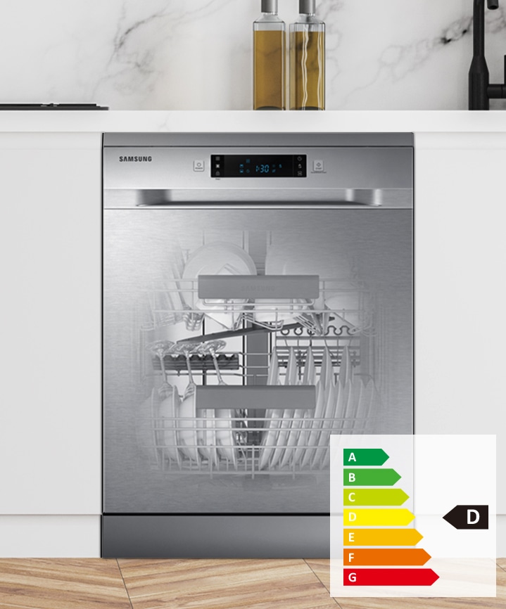 Shows the dishwasher and its energy label, with a D rating.