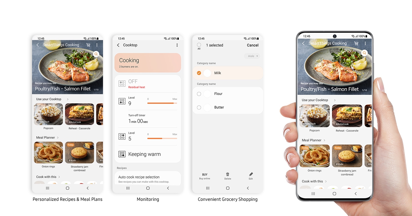 The Personalized Recipes & Meal Plans, Full Monitoring with Guided Cooking, and Convenient Grocery Shopping are able in the SmartThings Cooking app.