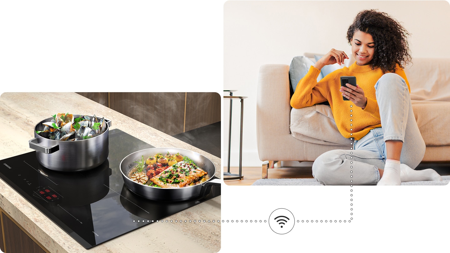 Two pots with delicious food are boiling on the cooktop, and a woman is monitoring the cooktop status remotely near the sofa via the SmartThings app on her smartphone.