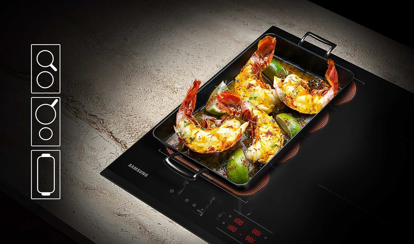 A rectangle pan with shrimps and limes is on the Flex Zone Plus. Icon shows the Flex Zone Plus can be used in three ways. First is one large rectangle pan. Second is small sized pan and large sized pan. Third is two medium sized cook ware.