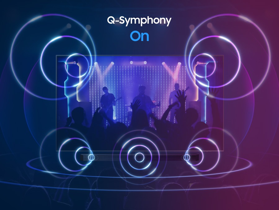 Коли функцію Q-Symphony було вимкнено, увімкніть лише звук із звукової панелі, але звук телевізора та звукової панелі увімкнений, коли пристрій був увімкнений Q-Symphony.