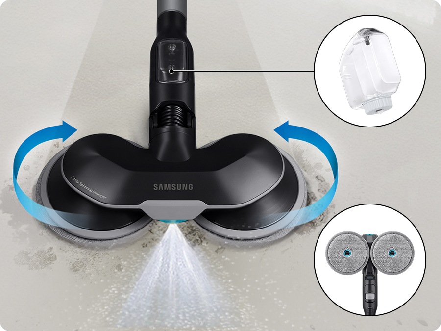 In the closeup of a Jet 95's spray spinning sweeper, the spray is in the front and one sweeper is rotating clockwise and the other sweeper rotating counterclockwise. Next to it are 2 closeups : first, the easy clean water bottle. Second, reusable pads.