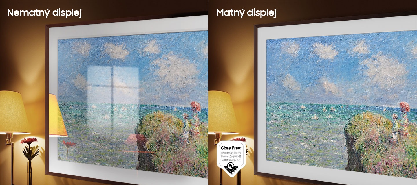 У лівій частині екрану Samsung з написом "Nematn&yacute; display" відображає рамку, що демонструє витвір мистецтва, повний відбитків. У правій частині екрана з написом "Затемнити дисплей" показана рамка з тією ж картиною, яка є неодліснева. Сертифікований логотип без відблисків, коефіцієнт відображення UGR < 10, коефіцієнт дискомфорту UGR < 22, коефіцієнт інвалідності UGR < 34 знаходиться у нижній лівій частині.