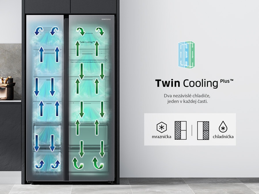 Sistemul Twin Cooling Plus™ are două răcitoare independente, câte unul în fiecare compartiment. Săgețile indică faptul că aerul rece circulă în congelatorul din stânga și în frigiderul din dreapta.