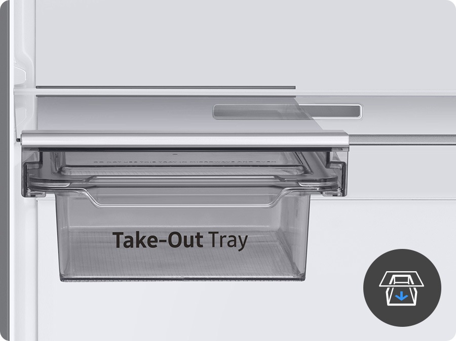 Tava este montată direct sub raft. Pictograma indică faptul că utilizatorul poate trage tava înainte și o poate scoate.