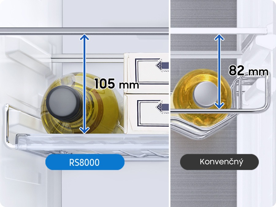 Comparativ cu modelul convențional cu înălțimea de 82 mm, raftul pentru vinuri de 105 mm al modelului RS8000 permite depozitarea sticlelor mai mari și a alimentelor.