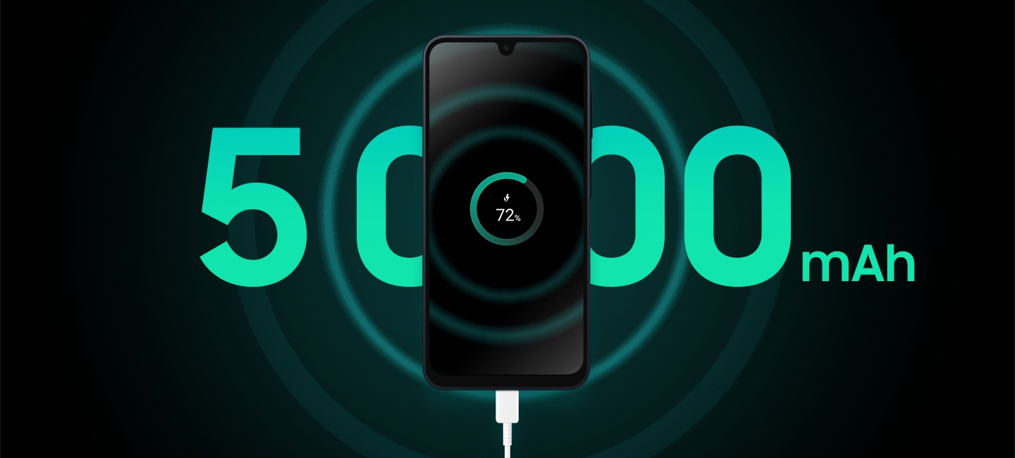 Zariadenie Galaxy A16 5G sa nabíja a na displeji svieti hodnota 72 % batérie. Text za ním zobrazuje nápis „ 5 000 mAh“.