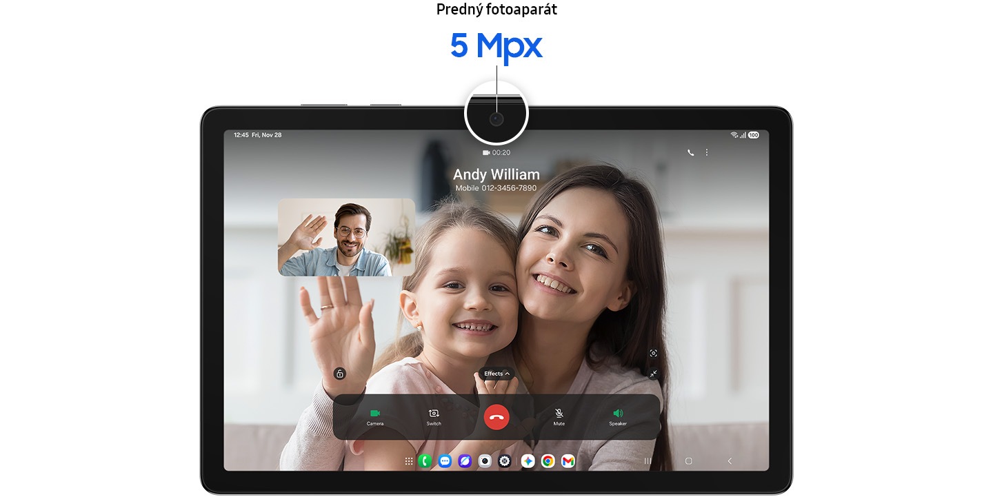 Galaxy Tab A11+ je umiestnený vodorovne a zobrazuje aktívne rozhranie videohovoru. Na obrazovke sa usmieva žena identifikovaná ako „Andy William“. Vedľa nej je viditeľné mávajúce mladé dievča. Menšie okno zobrazuje muža s okuliarmi, čo naznačuje rodinu, ktorá sa rozpráva počas videohovoru. Predný fotoaparát je zväčšený a nad ním je text „Predný fotoaparát 5 MP“. Spodný dok zobrazuje ikony aplikácií v rozhraní videohovoru.