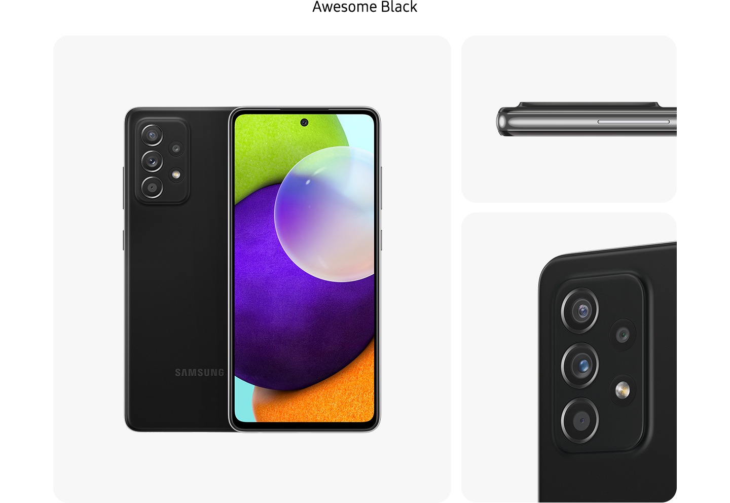 2. Čierna Galaxy A52 vo farbe Awesome Black, pohľad z niekoľkých uhlov ukazuje dizajn: zadný, predný, bočný a detailný pohľad na zadnú kameru.