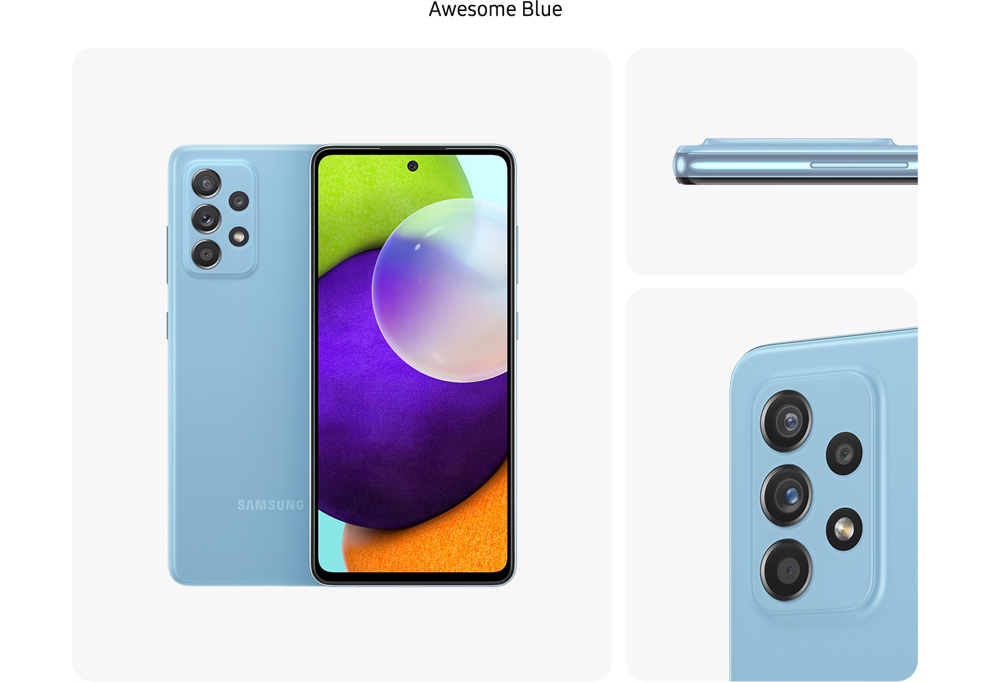 4. Modrá Galaxy A52 vo farbe Awesome Blue, pohľad z niekoľkých uhlov ukazuje dizajn: zadný, predný, bočný a detailný pohľad na zadnú kameru.