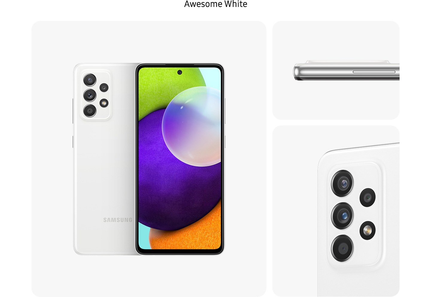 3. Biela Galaxy A52 vo farbe Awesome White, pohľad z niekoľkých uhlov ukazuje dizajn: zadný, predný, bočný a detailný pohľad na zadnú kameru.