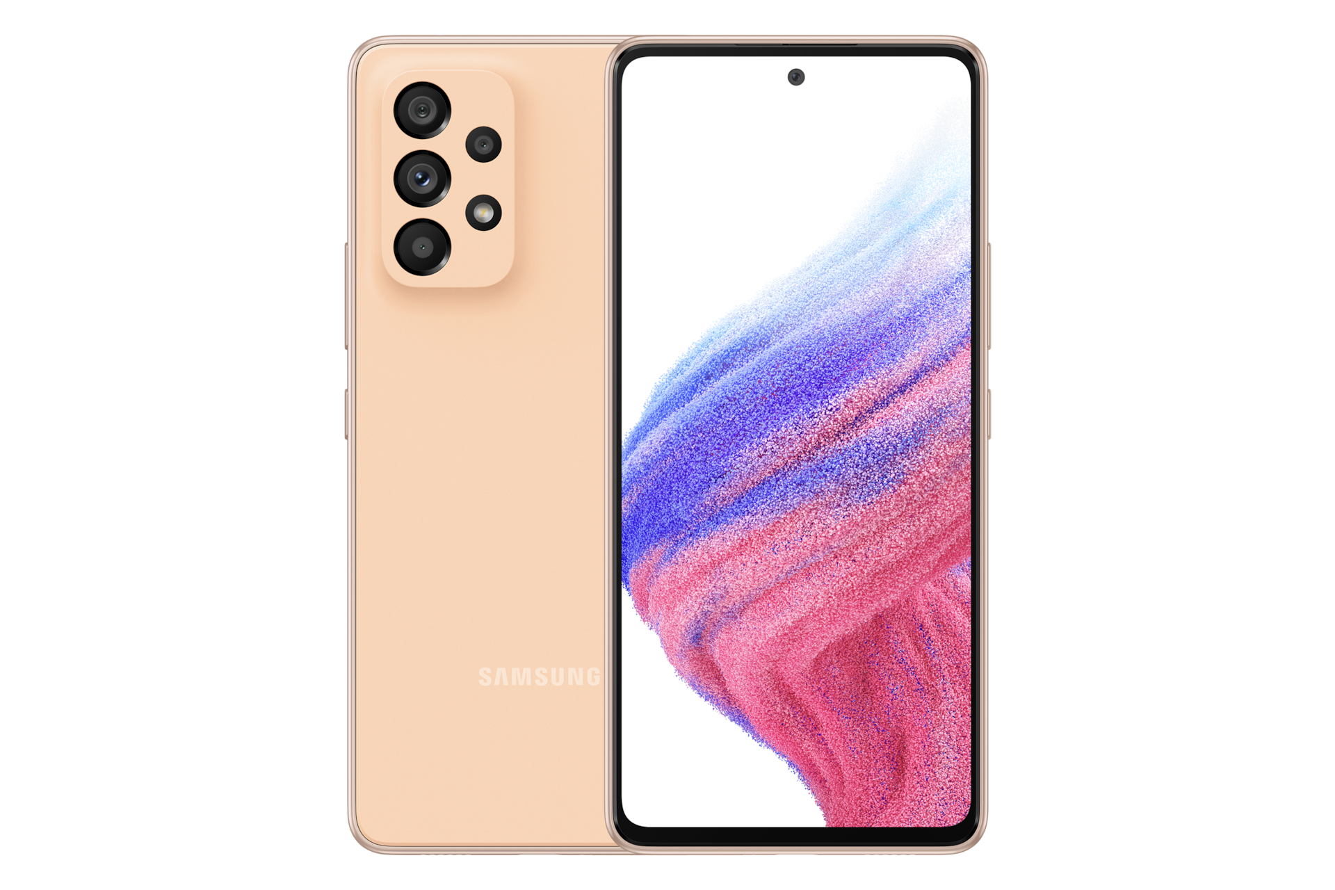 โปรโมชั่น Samsung A53s 5G สี Awesome Peach เก่งไม่กั๊ก ทนน้ำ กล้องกันสั่นที่ถ่ายได้คมชัดและนิ่งอยู่เสมอ พร้อมหน้าจอ Infinity-O Display 6.5 นิ้ว. Galaxy A53 5G สี Awesome Peach สองเครื่อง โดยเครื่องหนึ่งโชว์ด้านหน้า อีกเครื่องโชว์ด้านหลัง