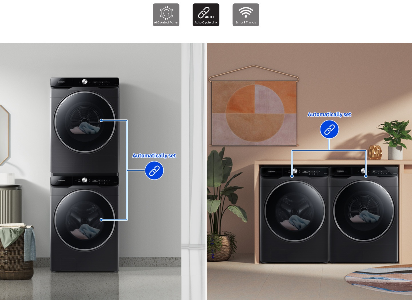 Two sets of washers and dryers are placed differently in two separate living spaces. Each set is linked with a blue line.