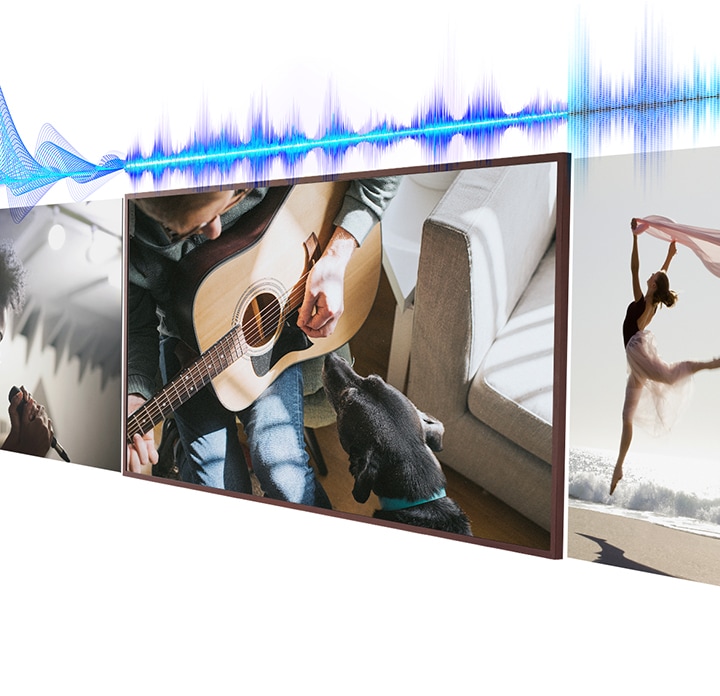 An audio properties graphic is seen above three content scenes including a singer singing, a man playing guitar and a ballerina dancing on the beach. Above each scene the audio properties graphic has a different appearance according to the type of scene.