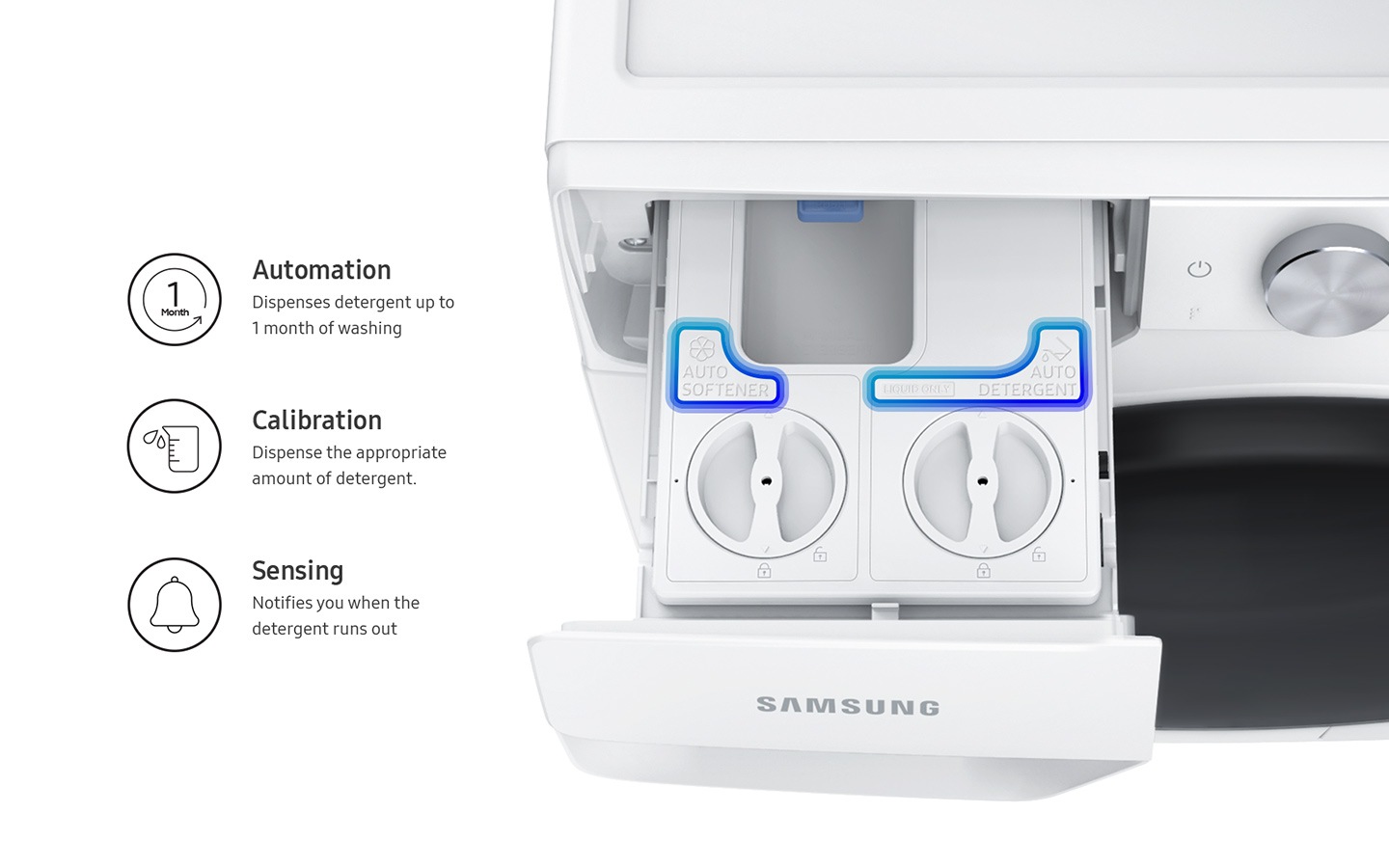 Top view of the Auto Dispenser. Icons below describe automation, calibration, and sensing features.