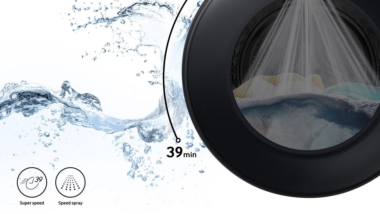 Strong water streams are visible inside the washer door while Super Speed and Speed Spray features are shown in icons.