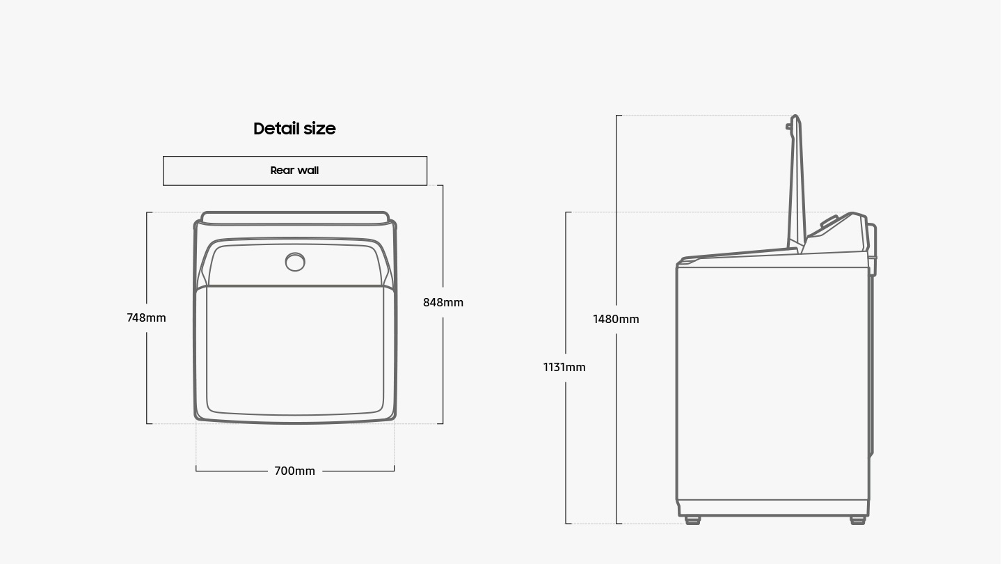 Width 700mm, height 1131mm, depth 748mm, height with door open 1480mm, install depth 848mm.