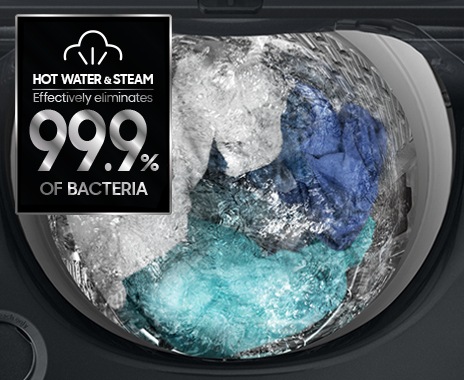 There is laundry soaked in the drum of WA8800. Hot water and steam eliminates 99.9% of bacteria.