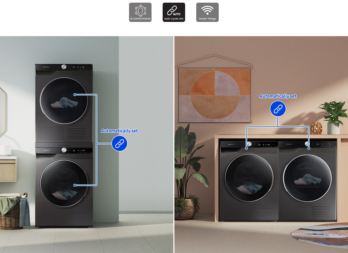 Two sets of washers and dryers are placed differently in two separate living spaces. Drying cycles are automatically set.