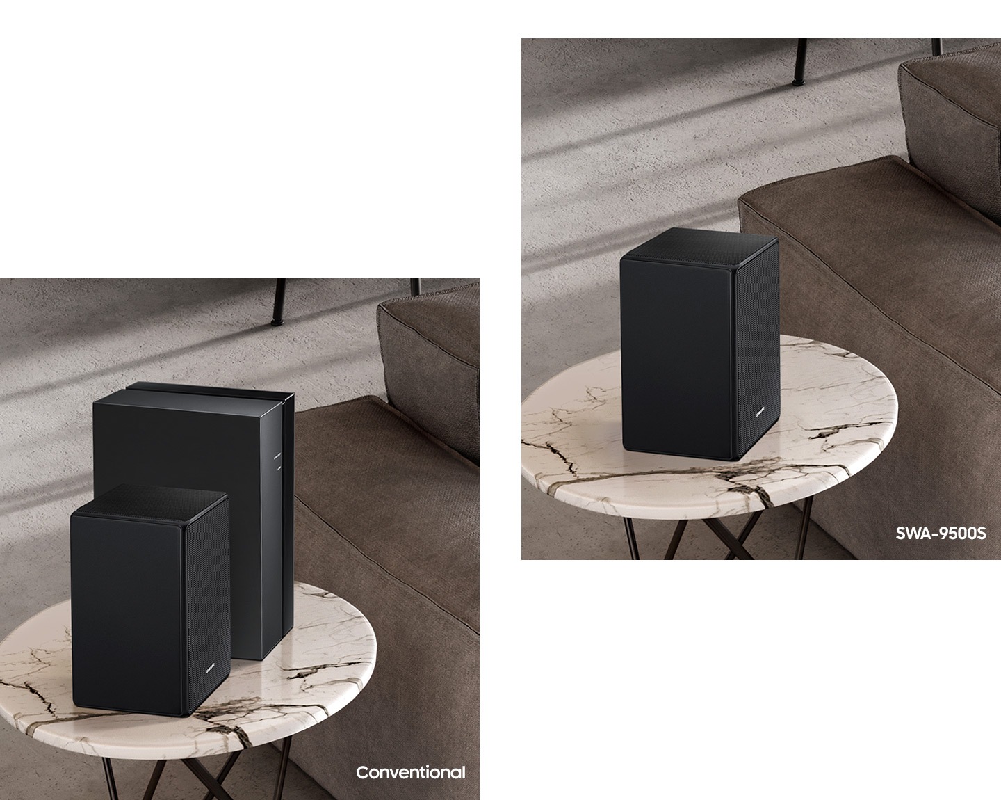 มีคำว่า “ทั่วไป (conventional)” ปรากฏขึ้นตรงภาพด้านซ้ายซึ่งแสดงให้เห็นว่าลำโพงไร้สายนั้นอยู่ข้าง ๆ กับโมดูลแยก ตรงภาพด้านขวามีคำว่า “SWA-9500S” ซึ่งแสดงให้เห็นว่าลำโพงไร้สายนั้นไม่มีโมดูลเพิ่มเติมอื่นใดอยู่ข้าง ๆ
