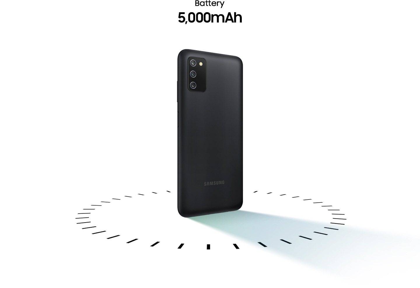 Galaxy A03s ตั้งวางเครื่องโดยหันด้านหลังให้และมีวงกลมเส้นประล้อมรอบอยู่ ที่ด้านบนนั้นมีคำว่าแบตเตอรี่ 5,000mAh