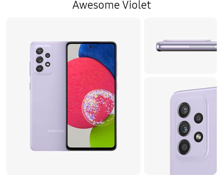 1. VioletGalaxy A52s 5G in Awesome Violet, seen from multiple angles to show the design: rear, front, side and close-up on the rear camera.