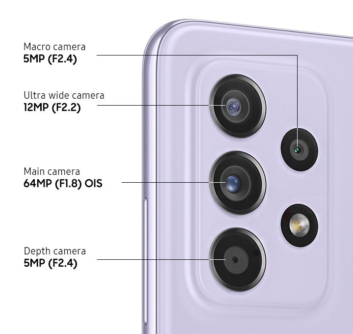 A rear close-up of advanced Quad Camera on the Awesome Violet model, showing F1.8 64MP OIS Main Camera, F2.2 12MP Ultra Wide Camera, F2.4 5MP Depth Camera and F2.4 5MP Macro Camera.