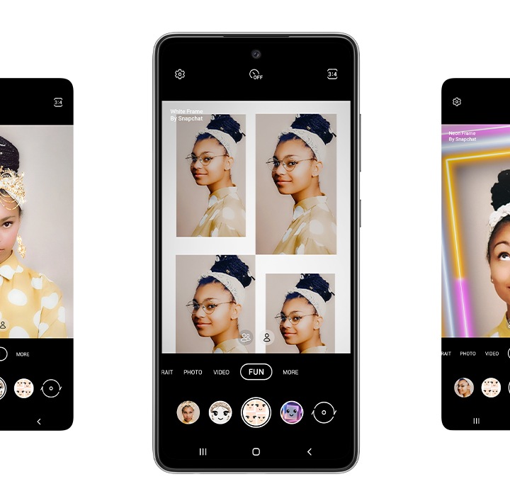 2. Galaxy A52s 5G seen from the front. On either side of the phone are four total representations of the screen. On each screen, the Fun mode option selected in the Camera app onscreen, and shows the five different lenses available. From left is Happy Birthday, Golden Crown, White Frame, Neon Frame and Neon Body. In the phone in the center we see a woman taking a selfie and using the Snapchat lens White Frame, which shows her selfie four times in a mod design with a white frame surrounding all four photos.