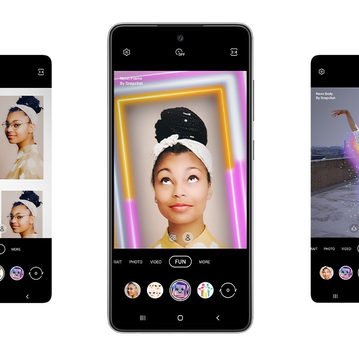 3. Galaxy A52s 5G seen from the front. On either side of the phone are four total representations of the screen. On each screen, the Fun mode option is selected in the Camera app, and shows the five different lenses available. From left is Golden Crown, White Frame, Neon Frame, Neon Body and Happy Birthday. In the phone in the center we see a woman taking a selfie and using the Snapchat lens Neon Frame, which surrounds her with a colorful, glowing neon frame.