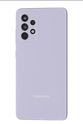 Galaxy A52s 5G in Awesome Violet seen from the front with a colorful wallpaper onscreen. It spins slowly, showing the display, then the smooth rounded side of the phone with the SIM tray, then the matte finish and the minimal camera housing on the rear and comes to a stop at the front view again.