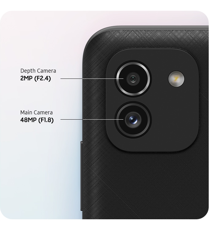 ภาพระยะใกล้ด้านหลังของกล้องสองตัวอันล้ำหน้าของโทรศัพท์รุ่นสีดำ ที่แสดงให้เห็นถึงกล้องหลัก F1.8 48MP และ F2.4 2MP Depth Camera