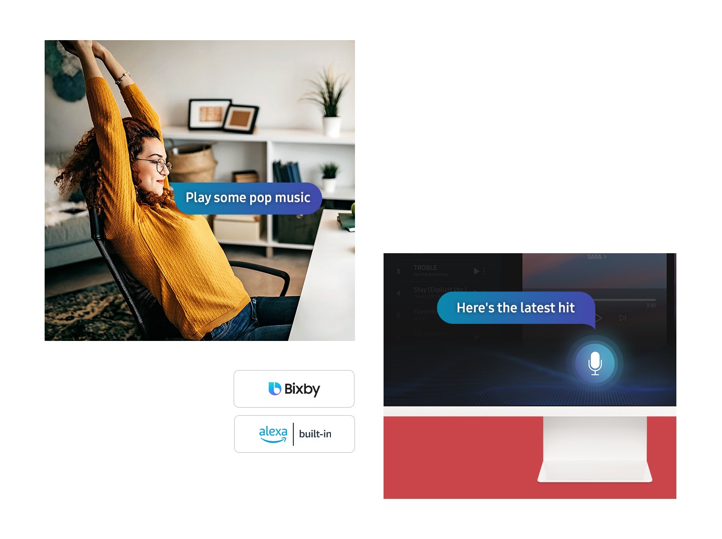 Samsung Smart Monitor M8 จอคอม สมาร์ททีวี 32 นิ้ว ที่มีฟีเจอร์ Far Field Voice ผู้ช่วยคำสั่งเสียง รองรับกับทั้ง Bixby และ Amazon Alexa. ผู้หญิงคนหนึ่งนั่งบนเก้าอี้ที่โต๊ะทำงาน ในกล่องคำพูดมีข้อความ เล่นเพลงป๊อปให้ฟังหน่อย