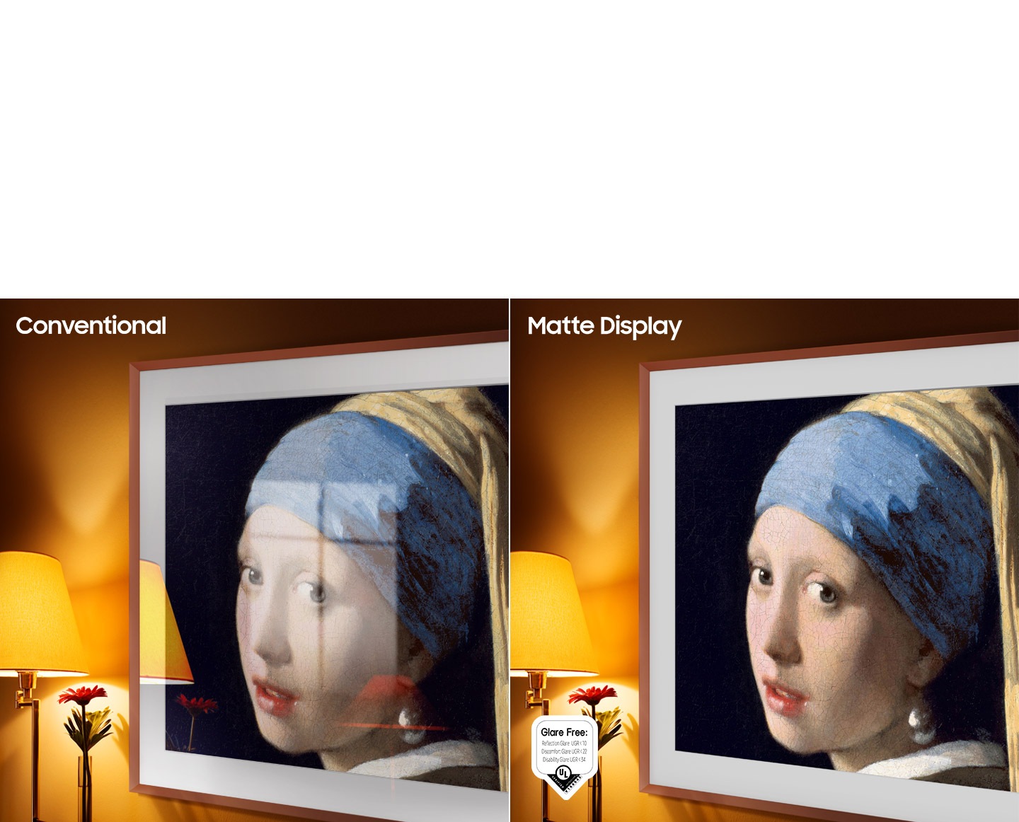 อ่านรีวิวทีวีกรอบรูป The Frame จากผู้ใช้จริง ที่มีเทคโนโลยี Quantum Dot แสดงผลสีทุกเฉดได้อย่างงดงามด้วระดับสี 100% ที่ดูสมจริง. ภาพเปรียบเทียบระหว่างจอ Conventional และจอ Matte Display ของ The Frame 32 นิ้ว