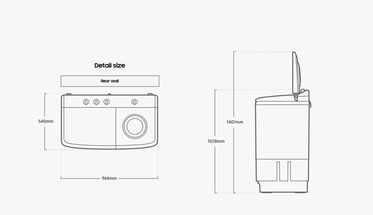 เช็กราคาเครื่องซักผ้า 2 ถัง 10 kg จาก Samsung กันสนิมและทนทาน มาพร้อมระบบการกรองที่ทรงพลัง พร้อมป้องกันไม่ให้ท่อระบายน้ำอุดตัน. ความกว้างของเครื่องซักผ้า กว้าง 964 มม. ลึก 540 มม. และสูง 1028 มม.