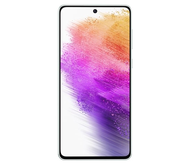 1. Galaxy A73 5G in Awesome Mint seen from the front with a colorful wallpaper onscreen. It spins slowly, showing the display, then the smooth rounded side of the phone with the SIM tray, then the matte finish and the minimal camera housing on the rear and comes to a stop at the front view again.